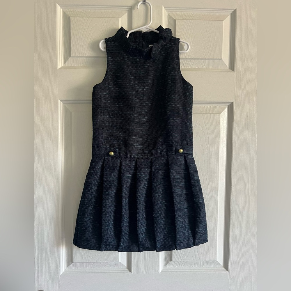 Janie and Jack Navy Blue Textured Kids Dress with Gold Buttons